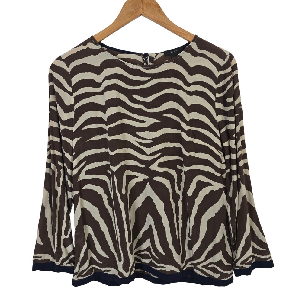 J.Crew Womens 100% Silk Zebra Print Blouse Brown Cream Navy Trim Size 12